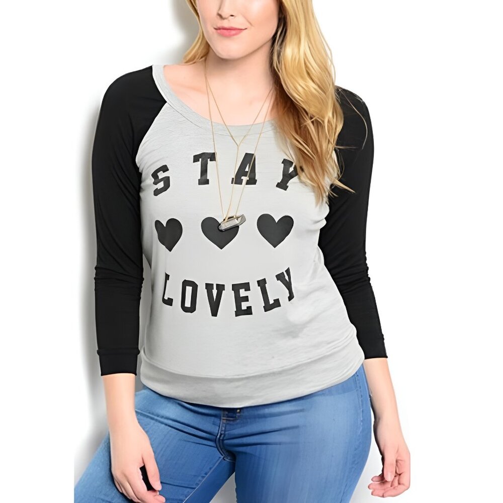 Libian Ladies Baseball Top Stay Lovely Long-Sleeve Crew Neck Grey Size 1XL NWOT